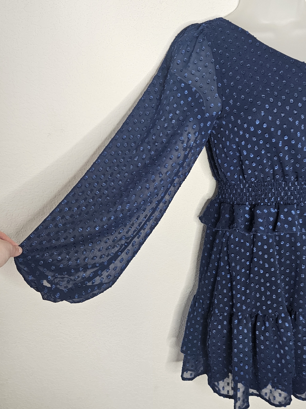 Altar'd State One-Shoulder Navy Swiss Polka Dot Ruffle Tiered Mini Dress Preppy - Picture 3 of 9